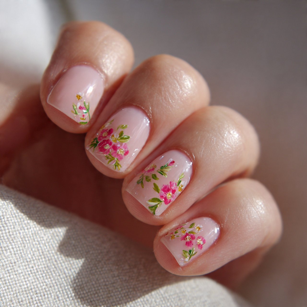 short acrylic nails with tiny floral art pretty na