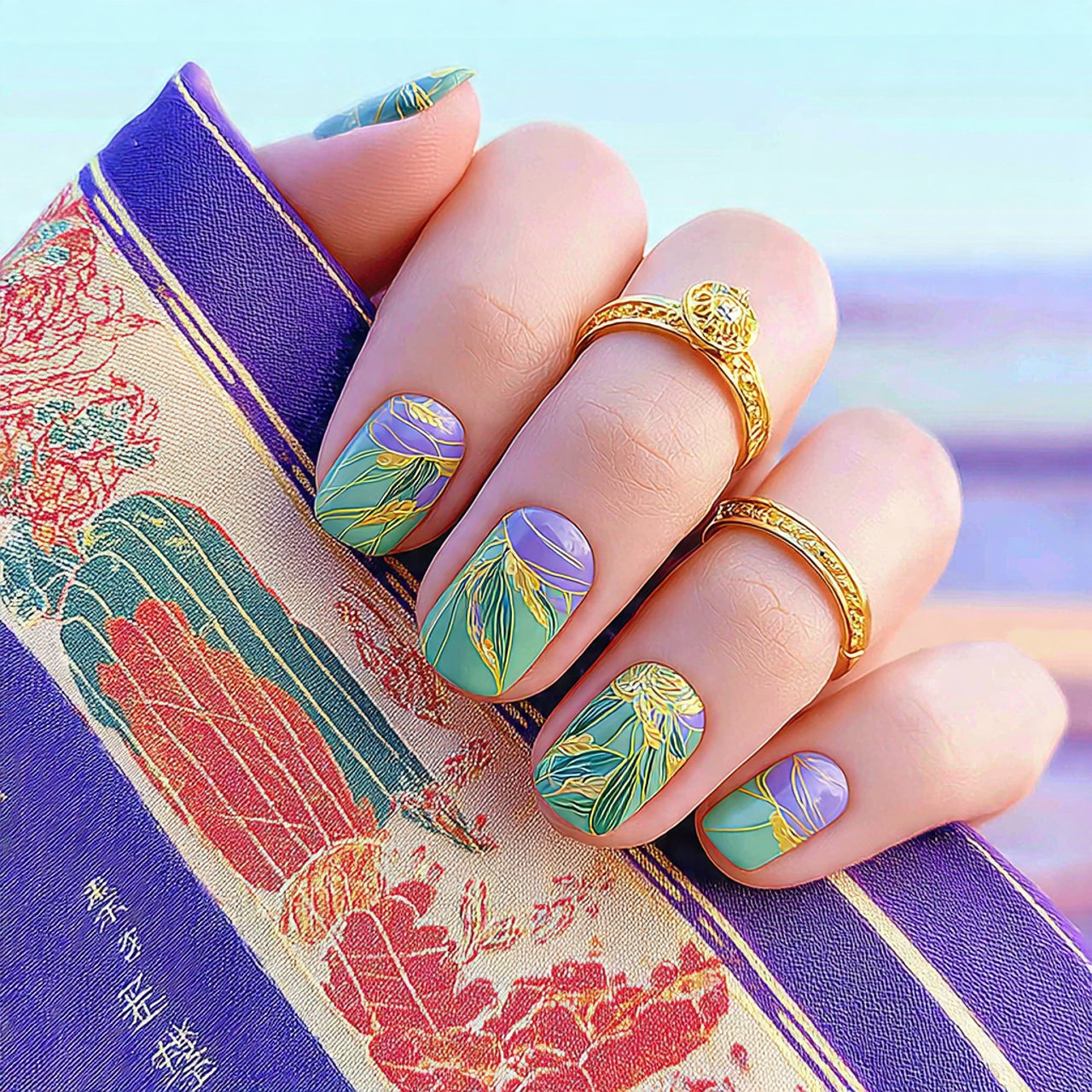 short blue and brown mixed solid nails nature look