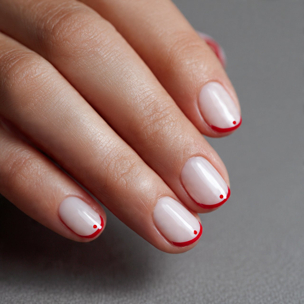 short french tips with red dot accents nails