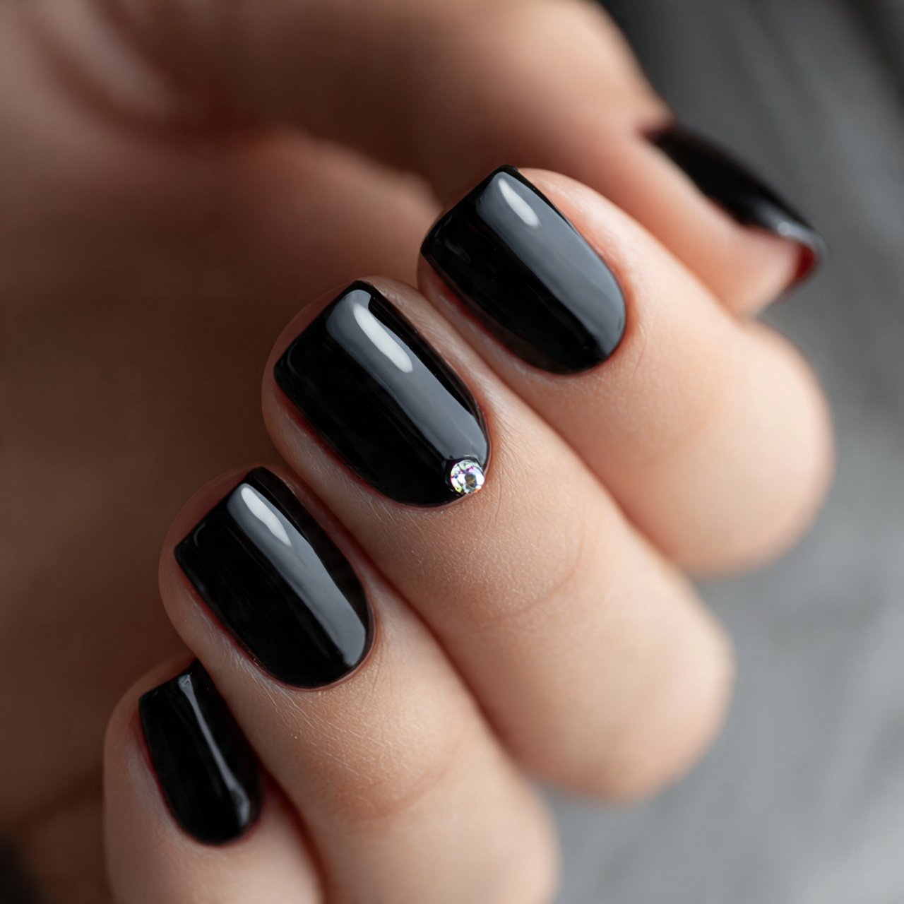 short glossy black nails with one accent detail na