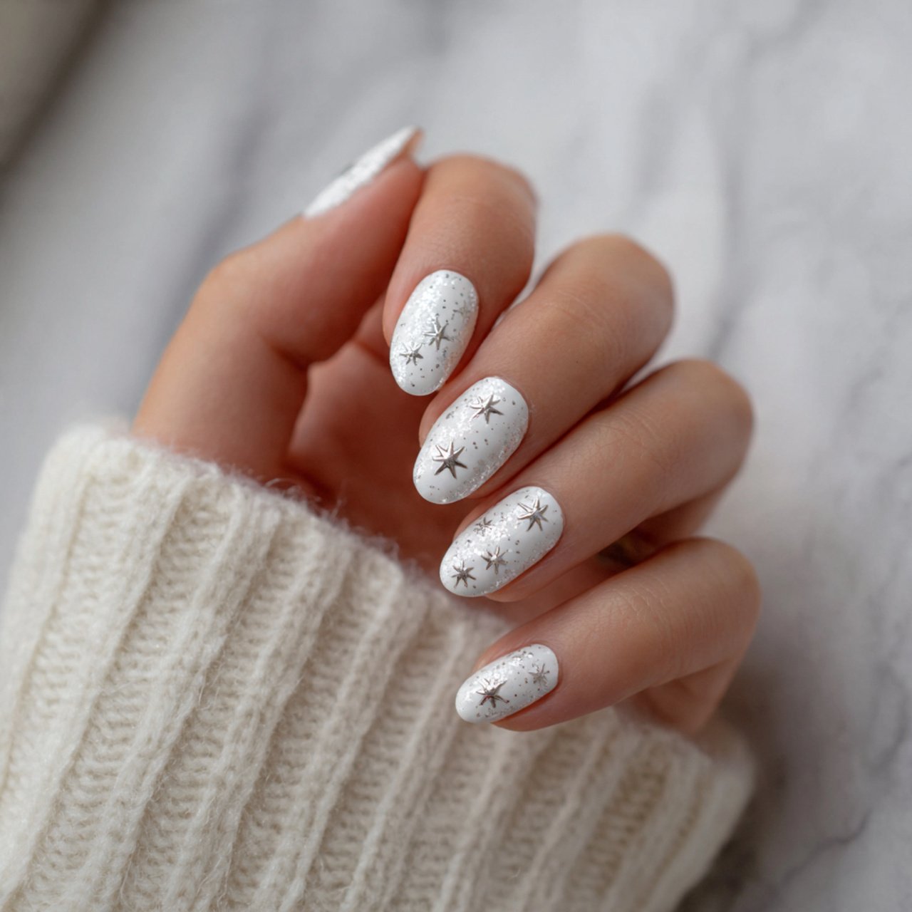 short white nails with silver stars nails