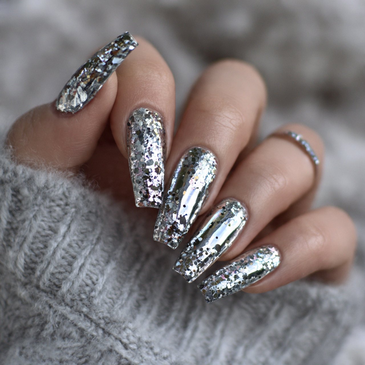 silver chrome bling nails