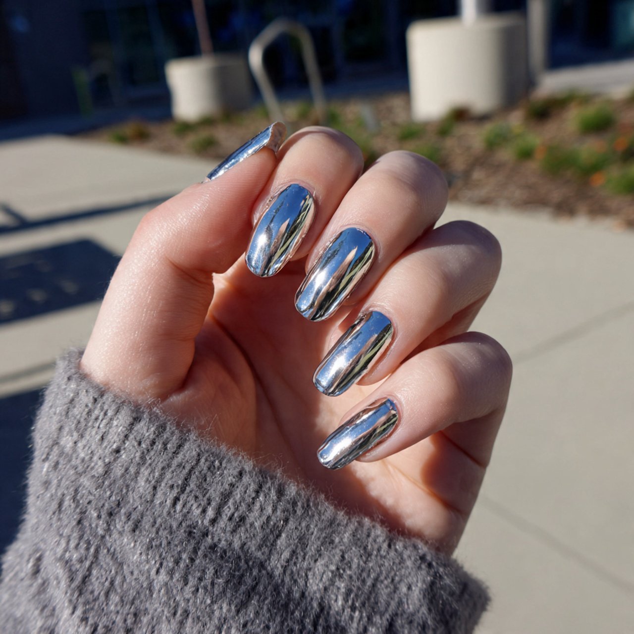 silver chrome prom nails