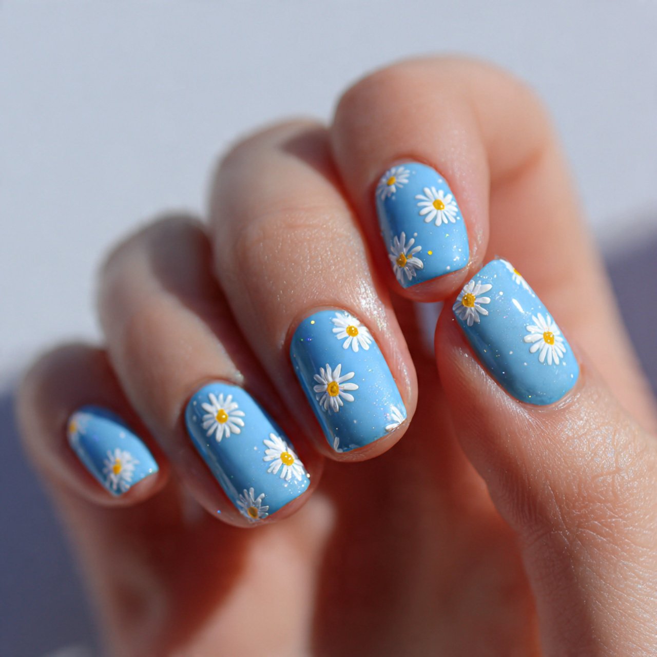 sky blue short nails with tiny white daisies nails