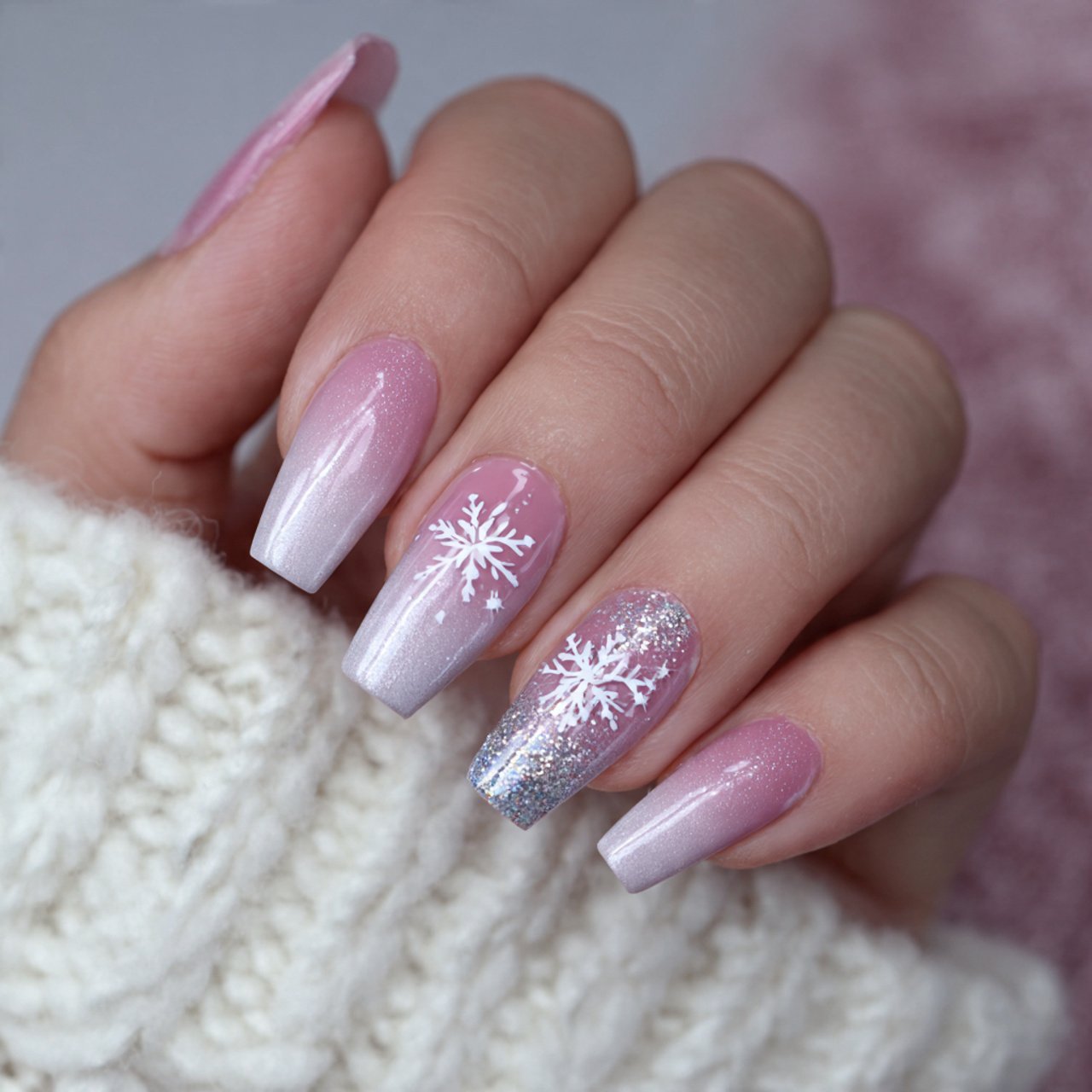snowflake accent nails on a base nails