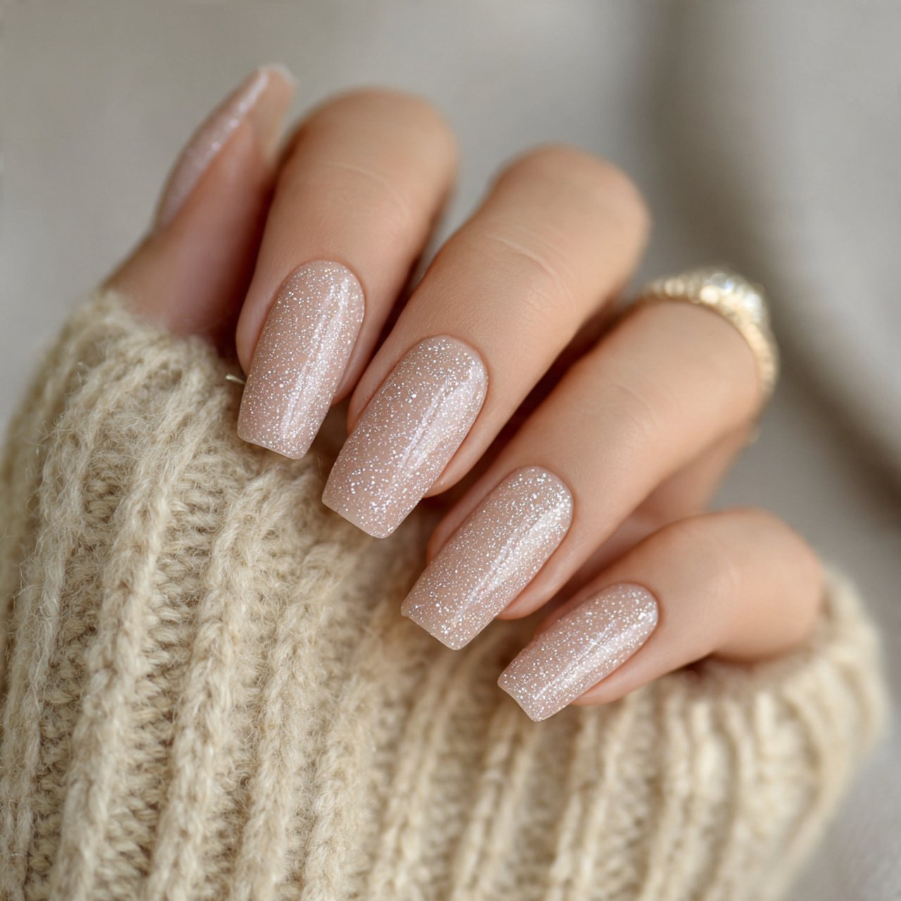 soft beige glitter nails elegant nails