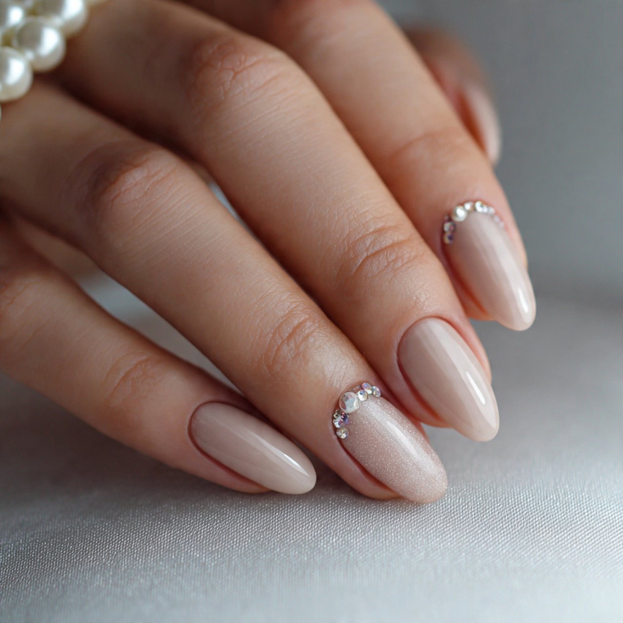 soft beige nails with tiny pearl detail nails