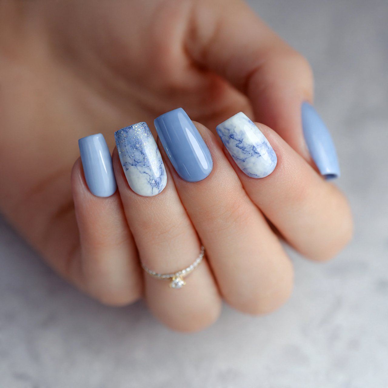 soft blue accent graduation nails