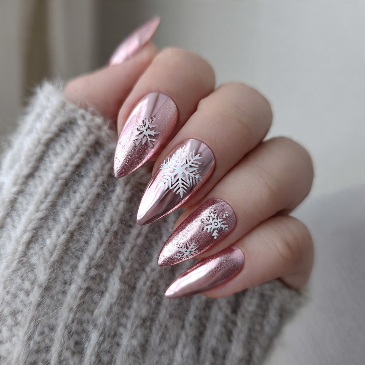 soft blush chrome snow nails