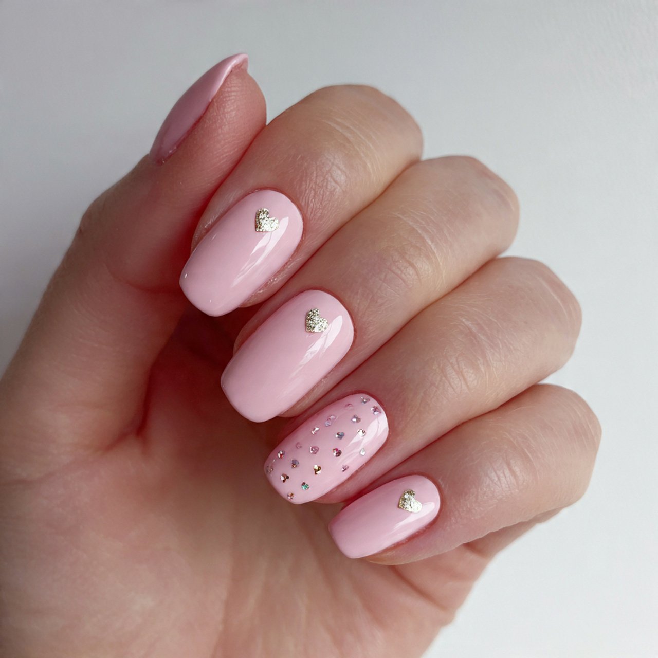 soft blush nails with tiny heart accents nails