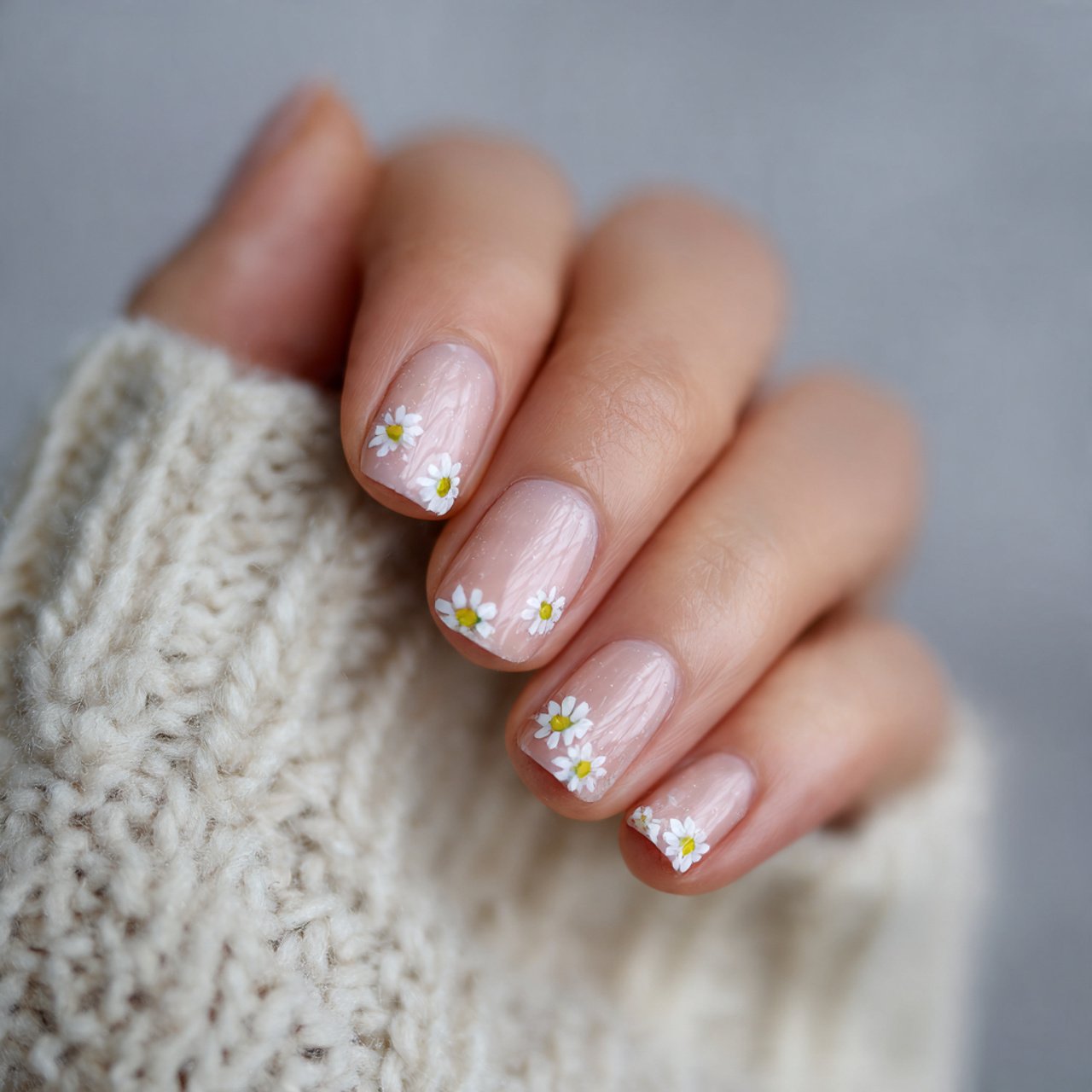 soft blush nails with tiny white daisies nails
