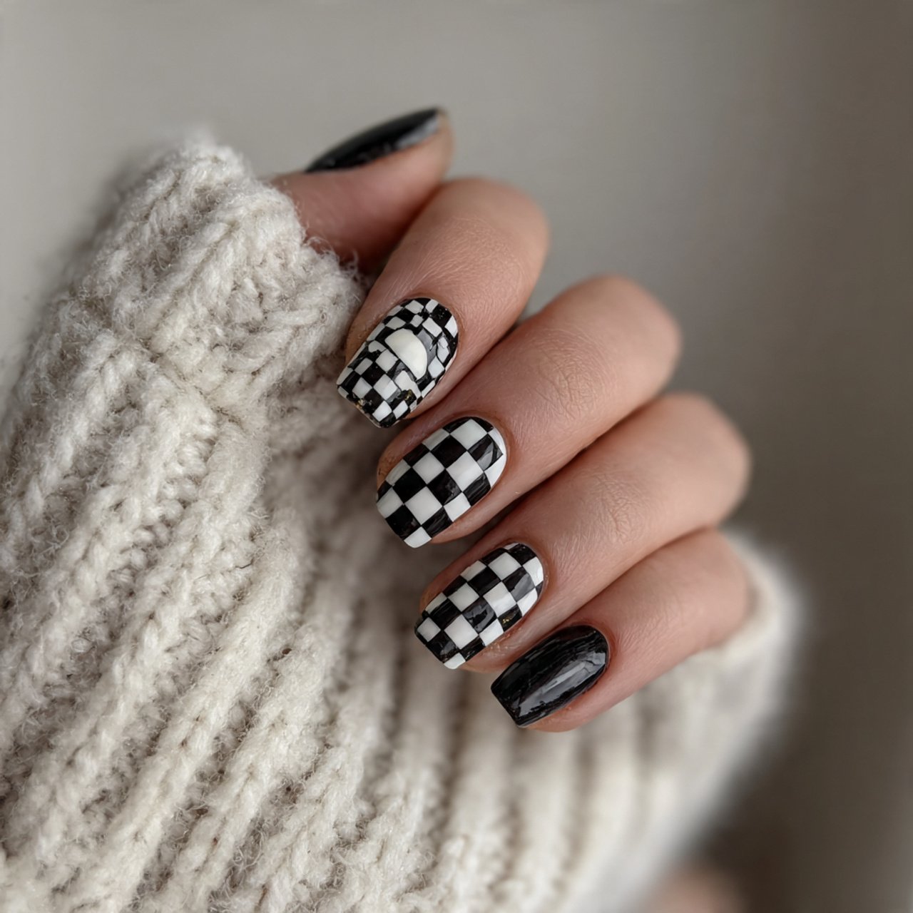 soft checkerboard accent nails