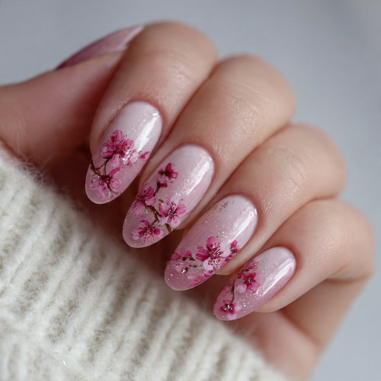 soft cherry blossom oval nails elegant nails