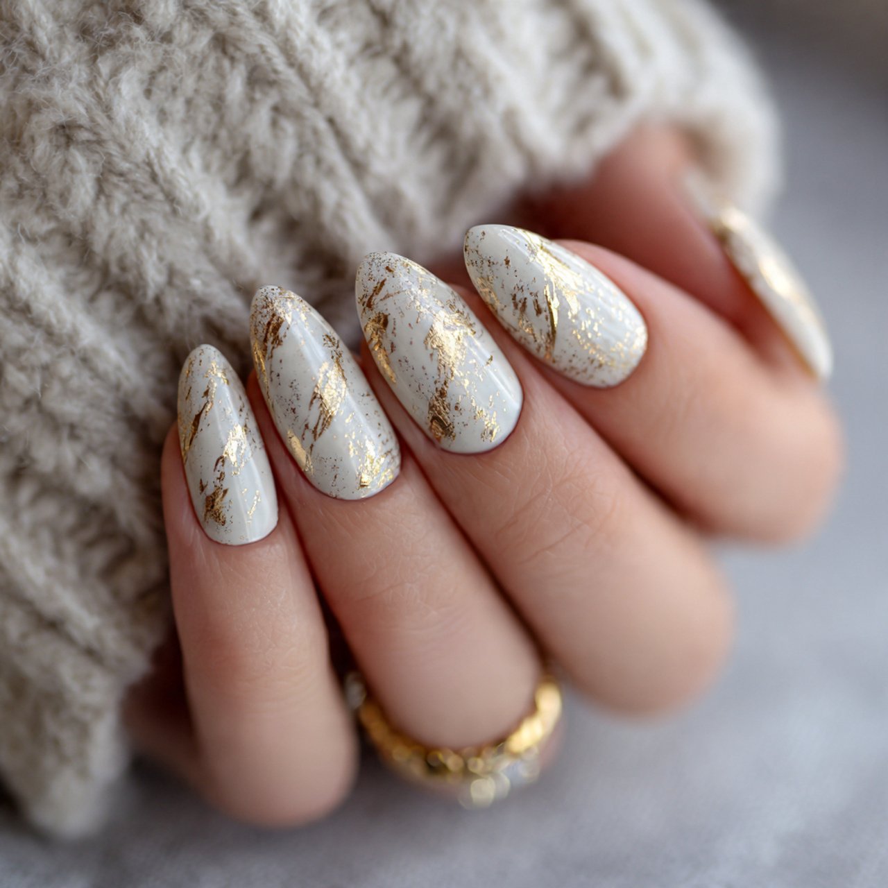soft cream nails with gold foil cool look nails