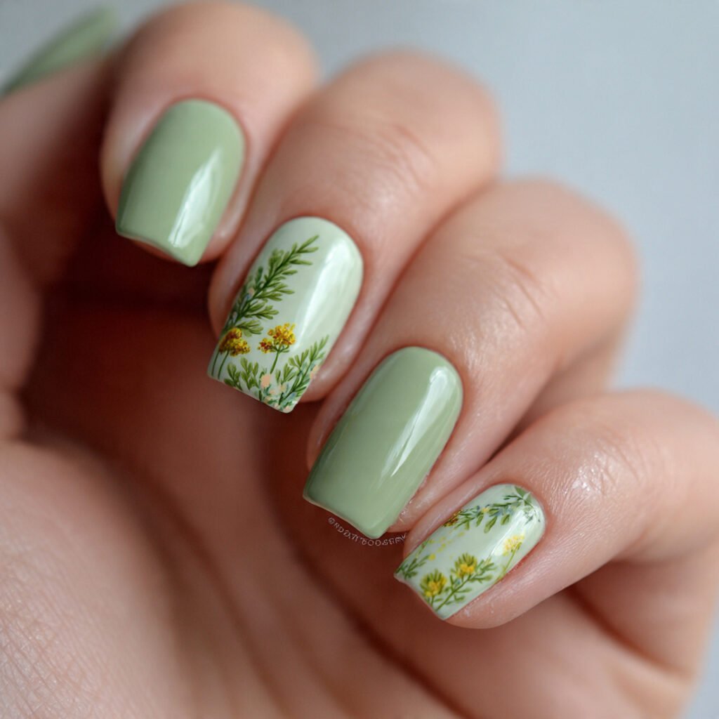 soft green botanical accent nails