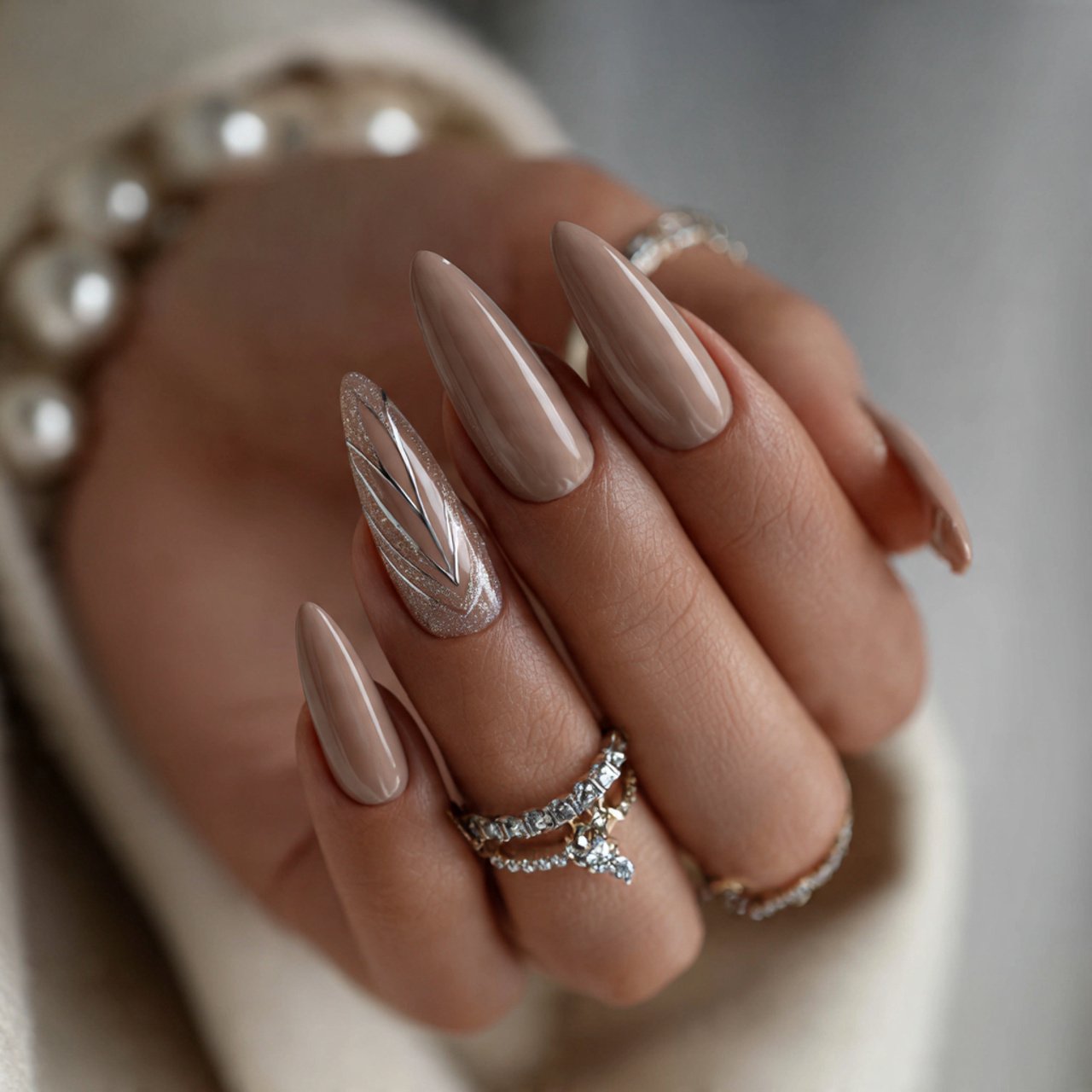 soft latte nails with thin chrome details creative