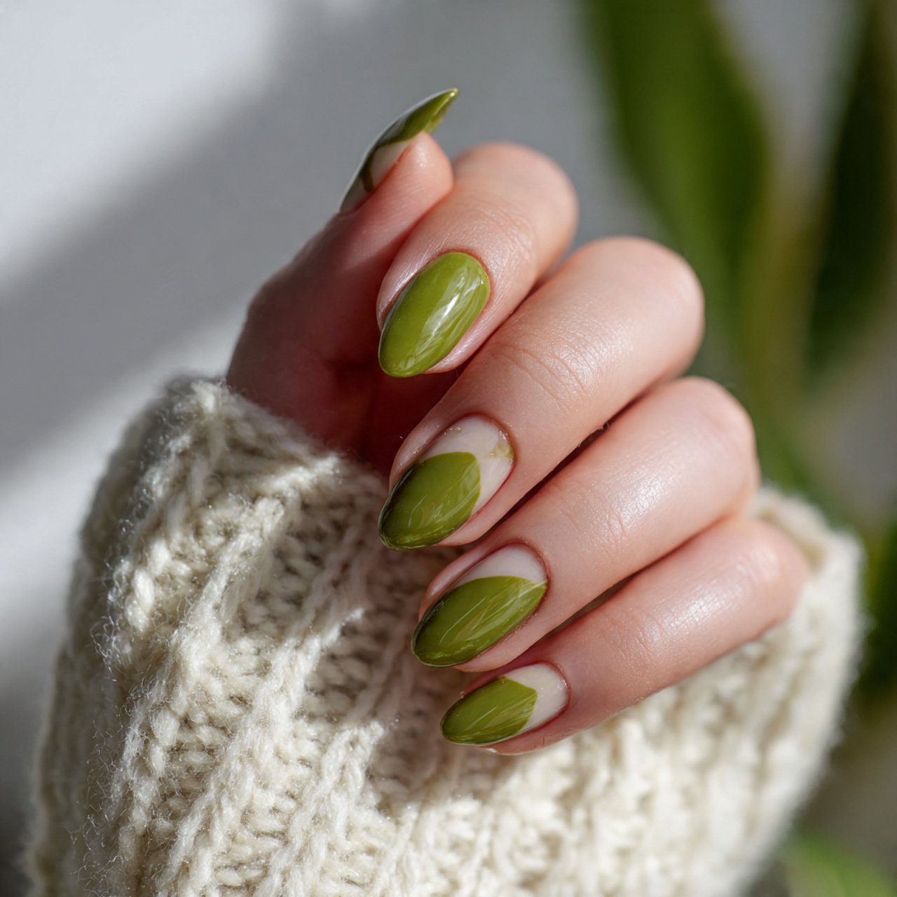 soft matcha half moon nails