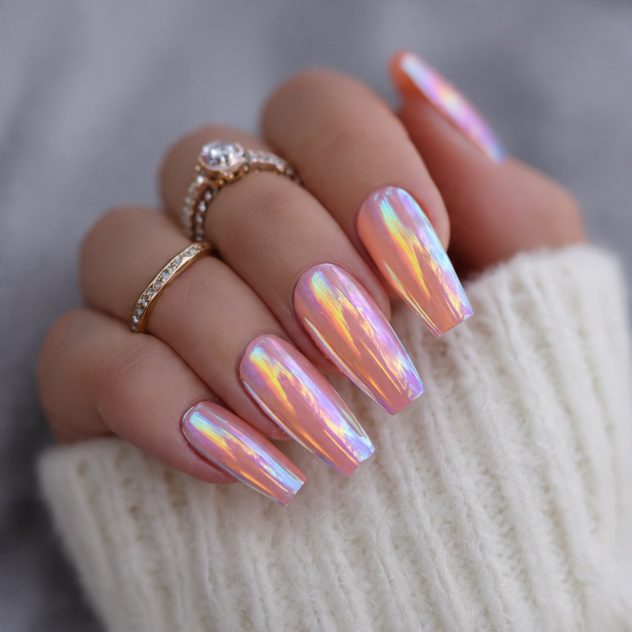 soft peach coffin nails with holographic foil beau