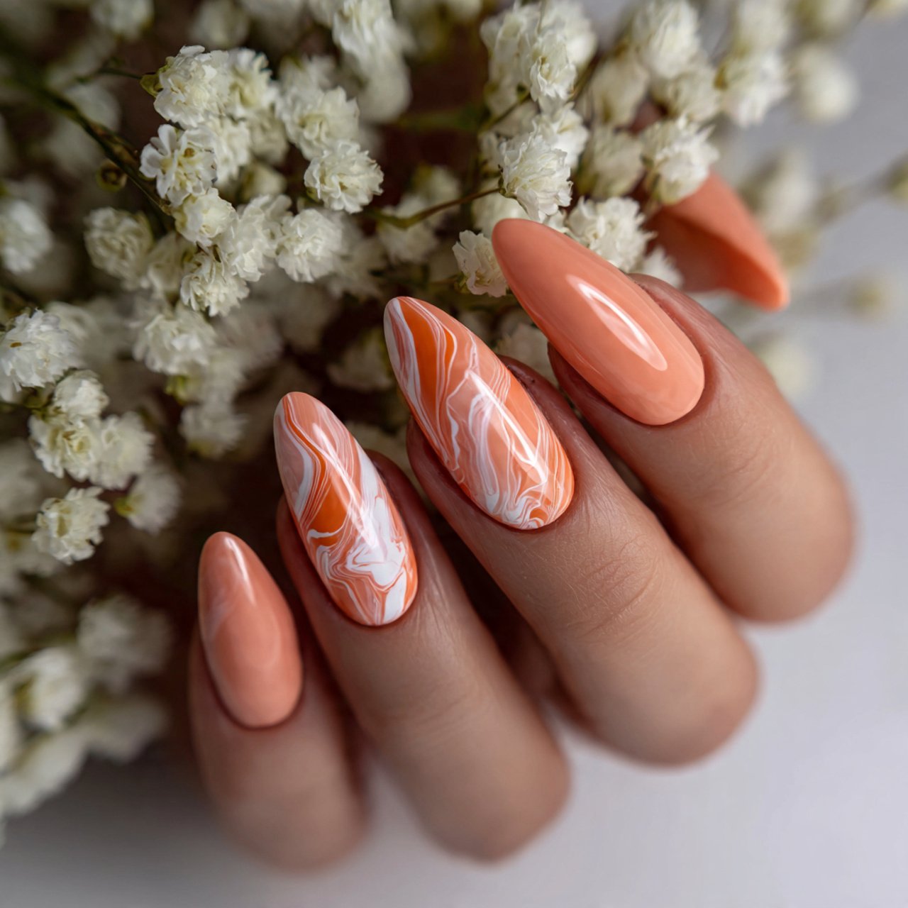 soft peach gel nails with white swirls elegant nai