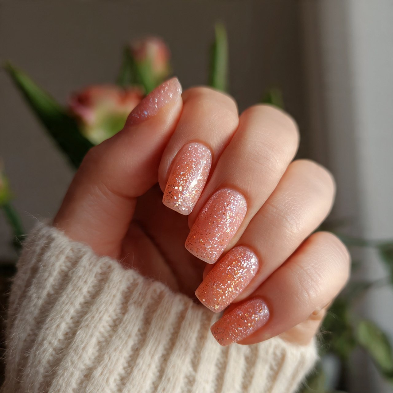 soft peach sparkly nails