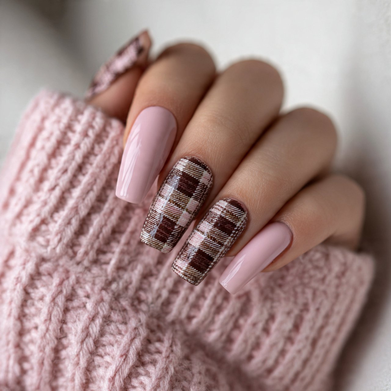soft pink and cocoa plaid nails stony nails