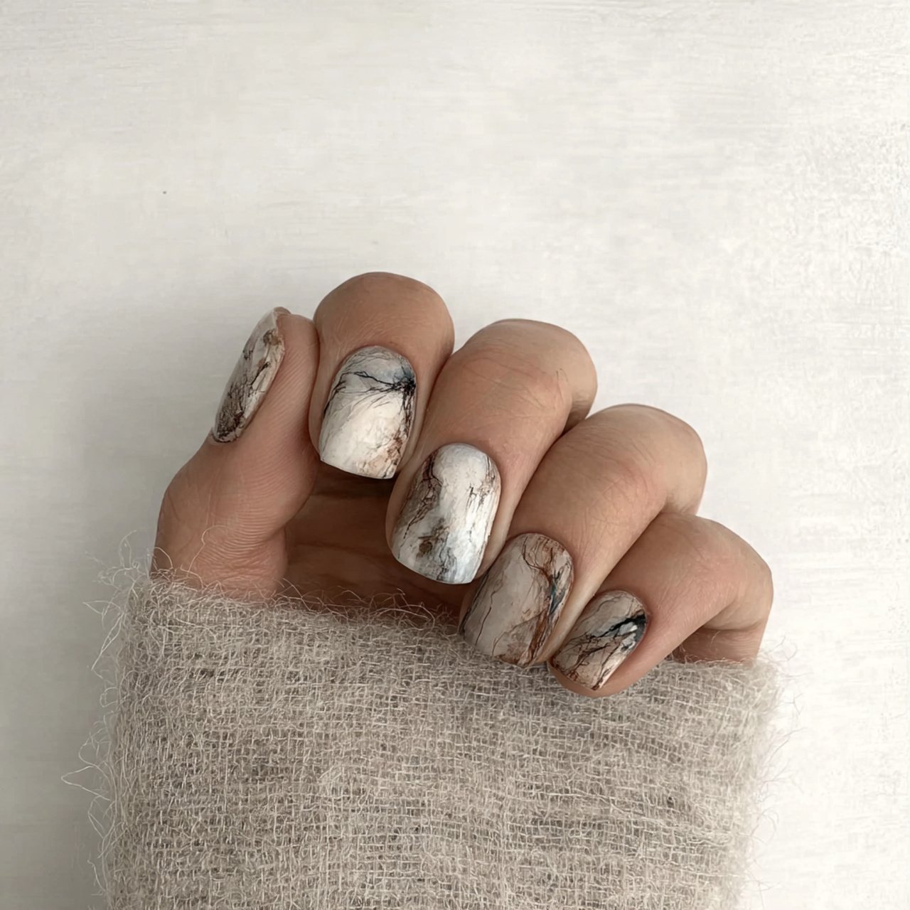 soft pink and white marble natural nails