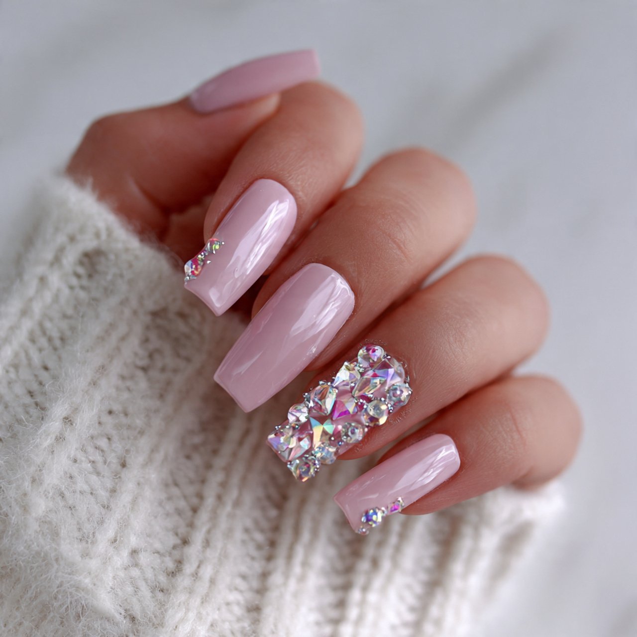 soft pink crystal accent nails