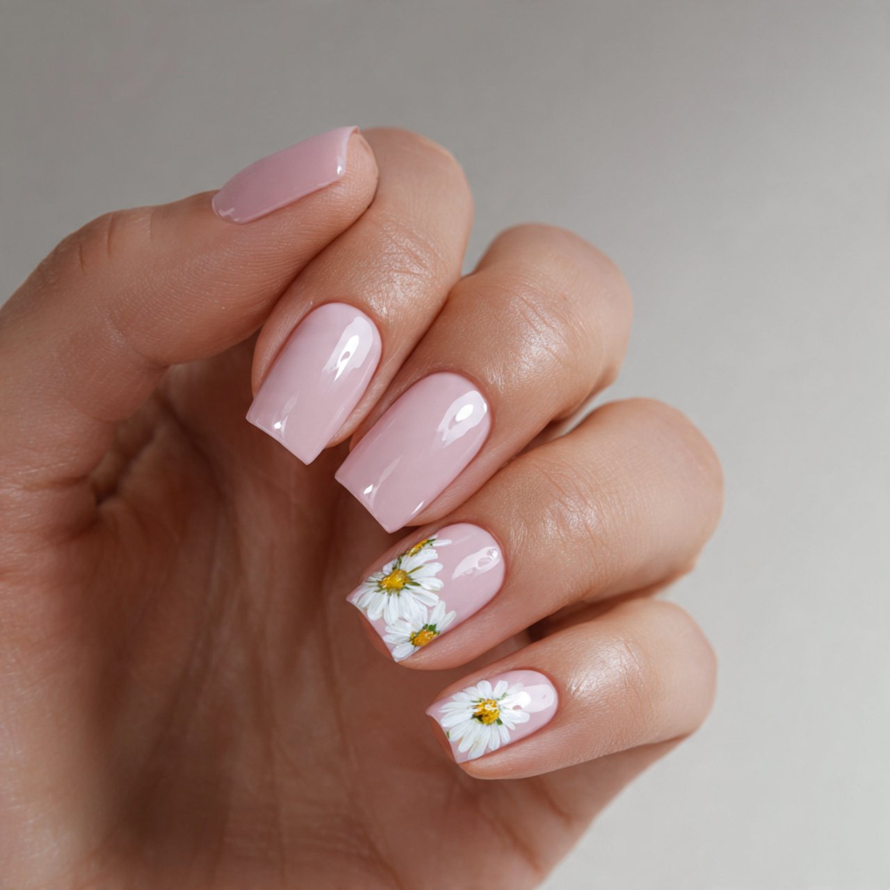 soft pink daisy accent nails
