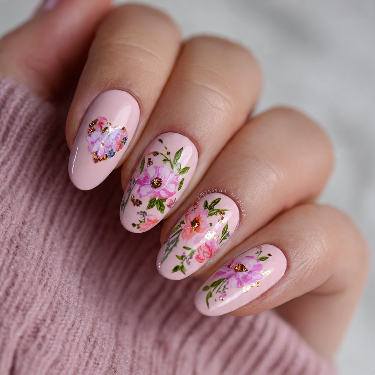 soft pink floral valentines nails