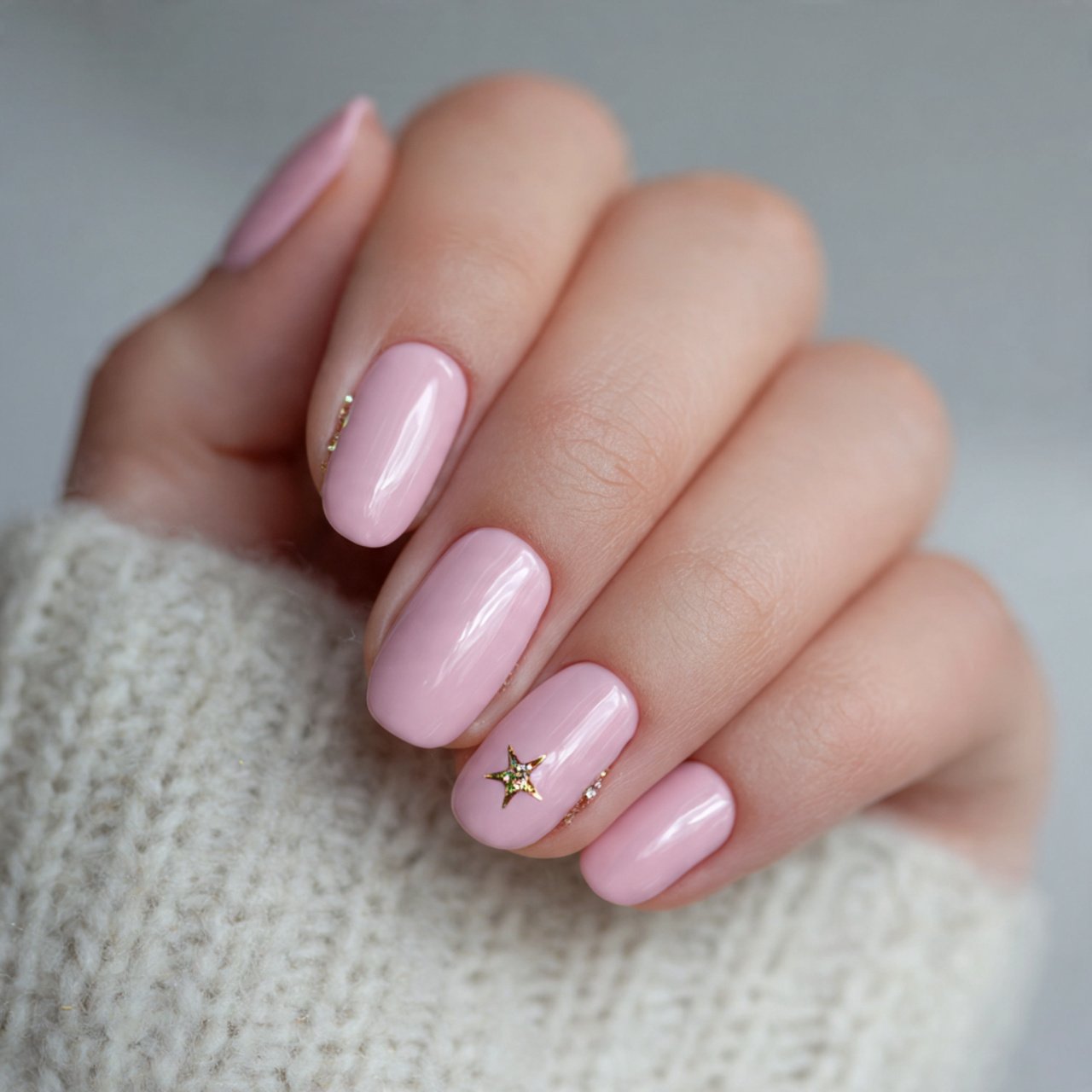 soft pink nails with one tiny star accent nails