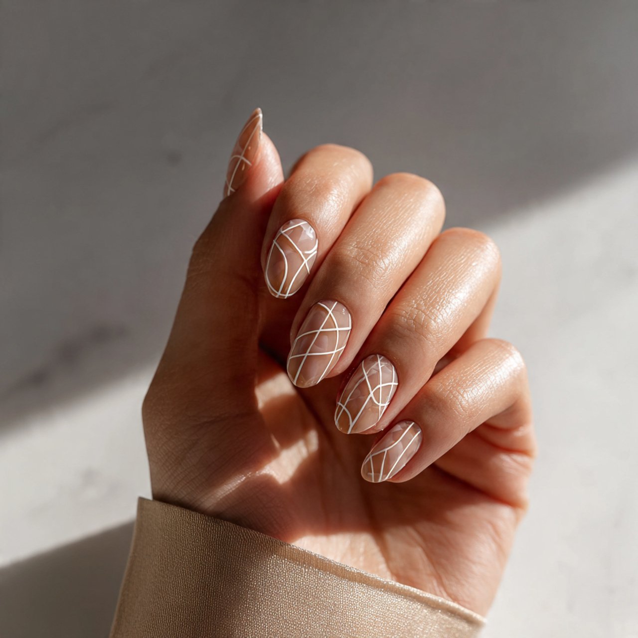 soft taupe line art on a sheer base nails