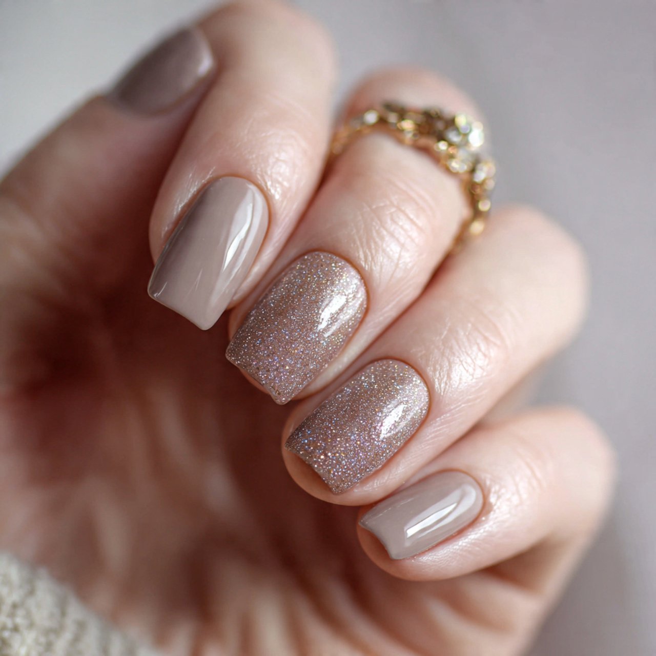 soft taupe nails with subtle shimmer topper nails