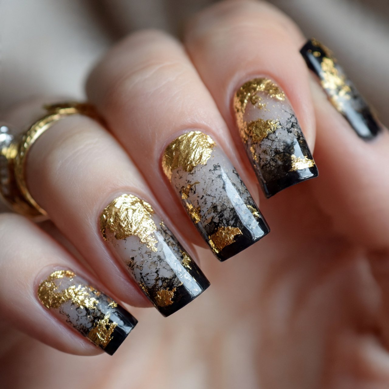 Nails Inspiration Square: 15 Chic, Salon-Approved Designs for a Clean and Stylish Look 11 square nails with gold foil accents stunning nails