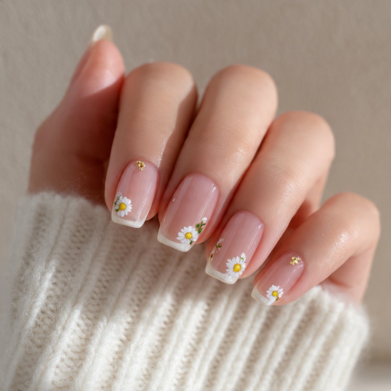 square nails with tiny daisy accents elegant nails