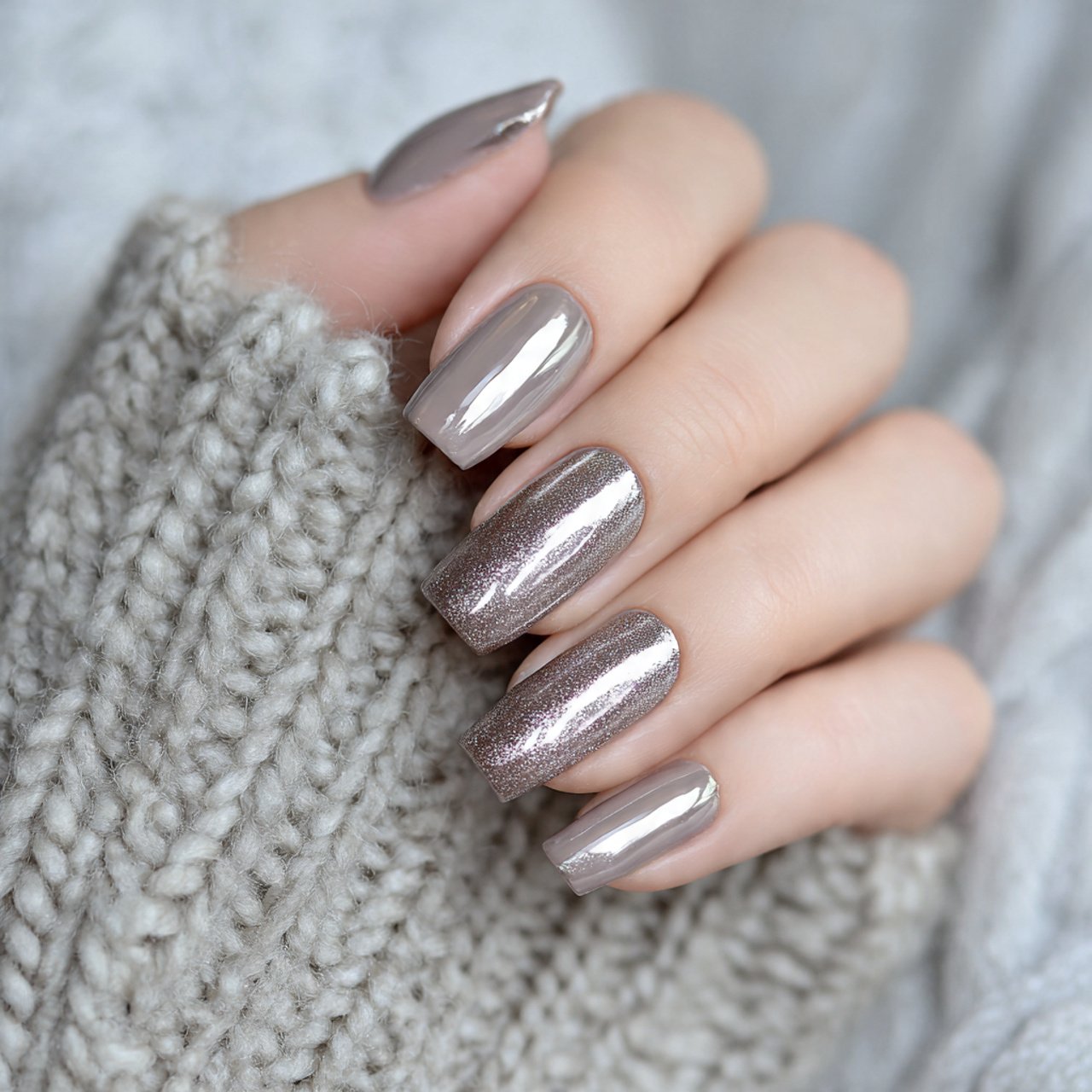 taupe neutral nails with icy chrome finish nails