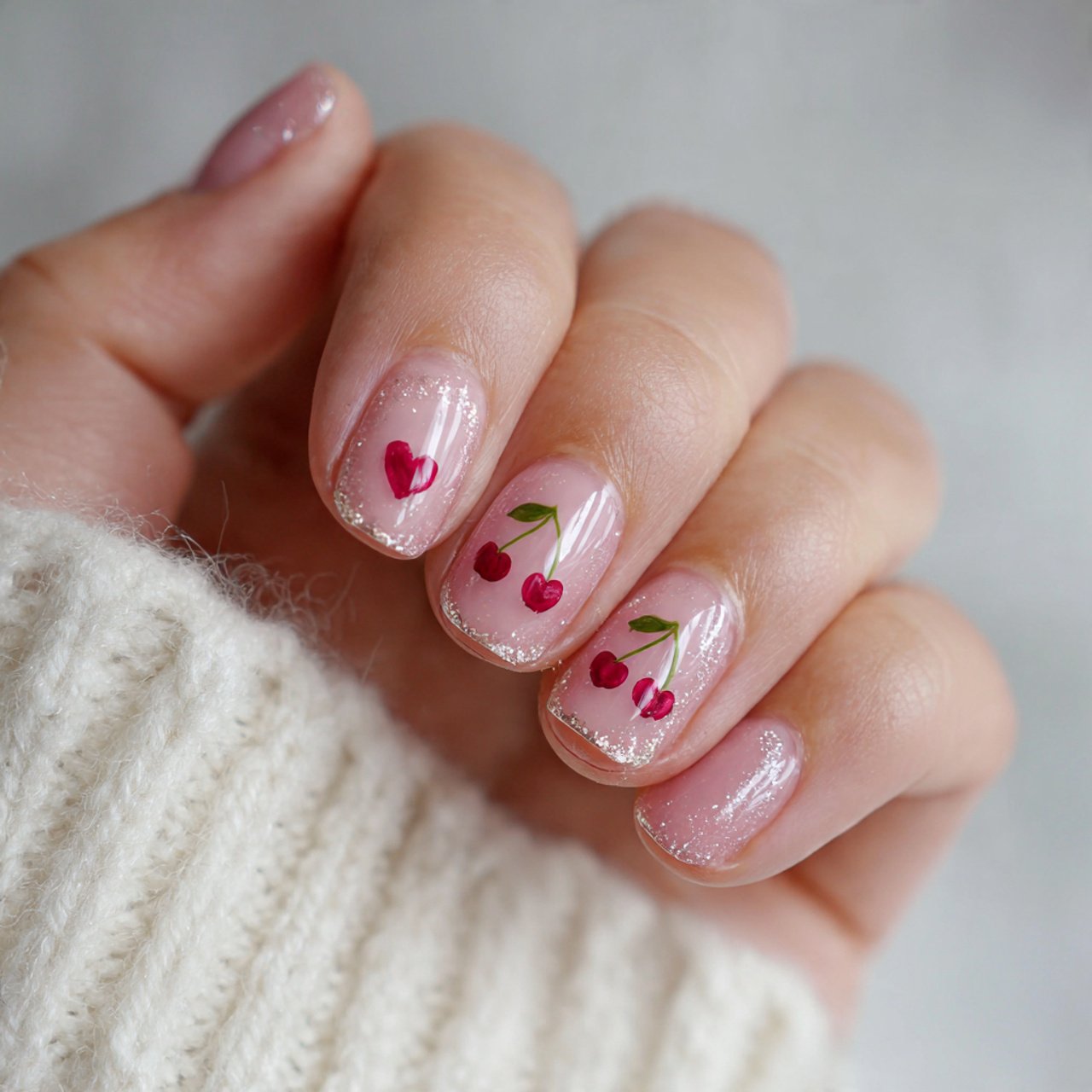 tiny cherry heart accent nails