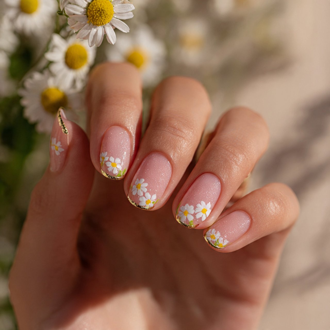 tiny daisy accent summer gel nails