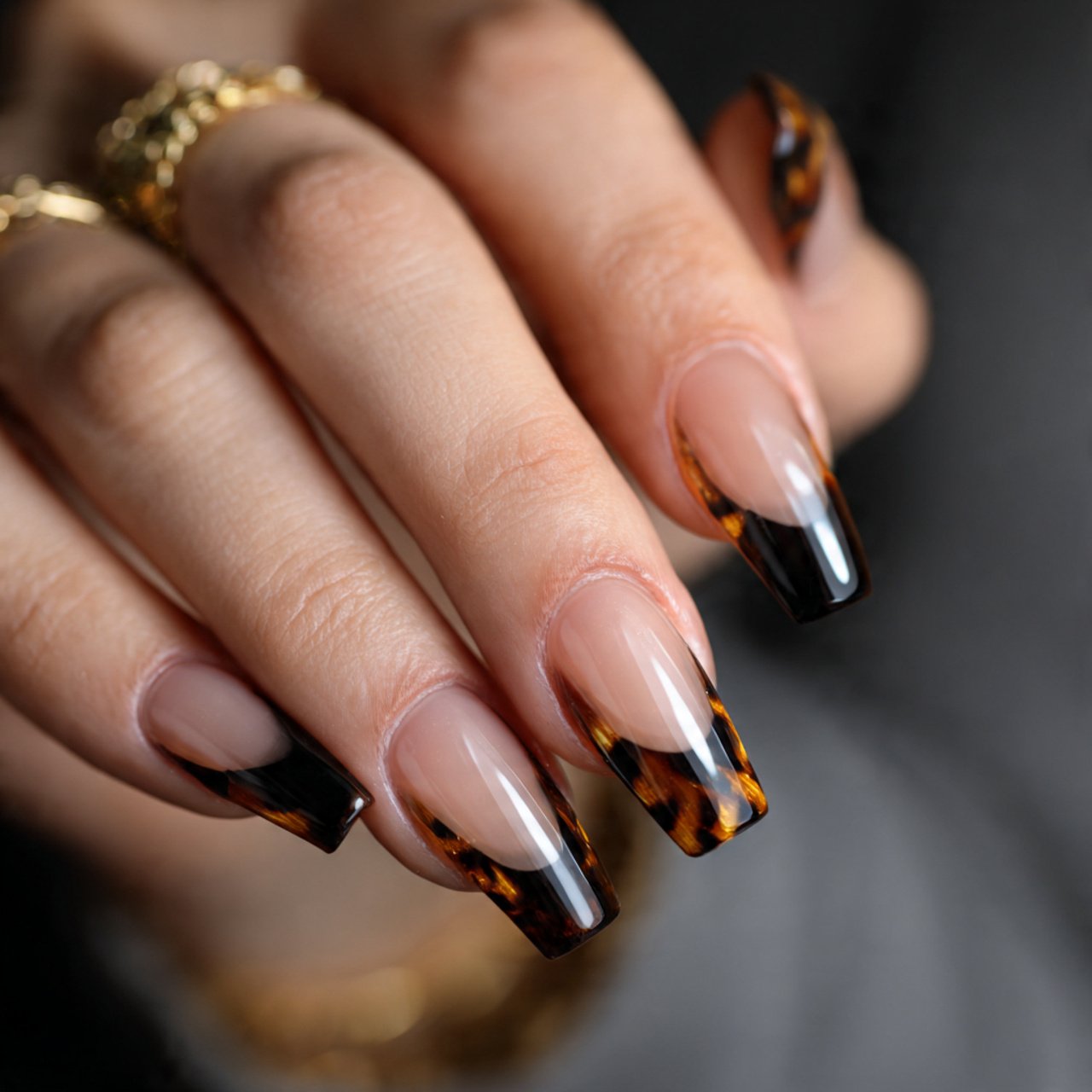 tortoiseshell tip short coffin nails flawless nail
