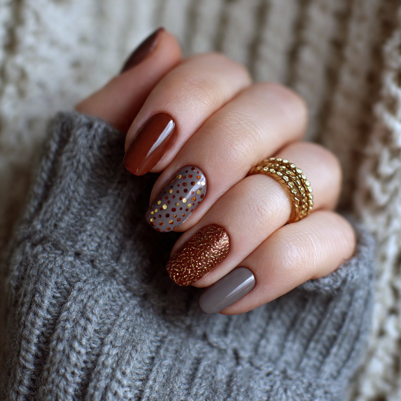 warm nails with cocoa dot accents nails