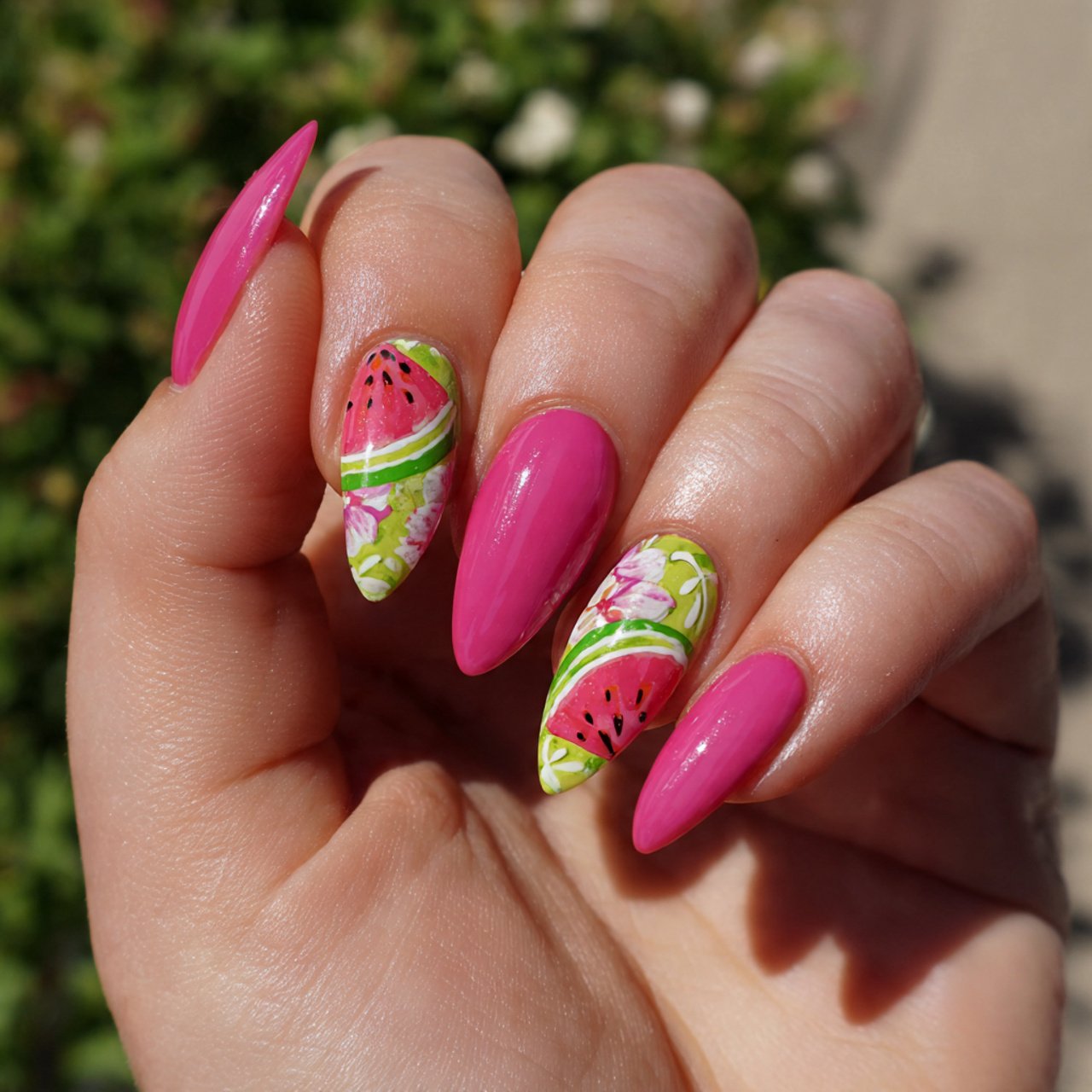 watermelon almond nails with accent art nails