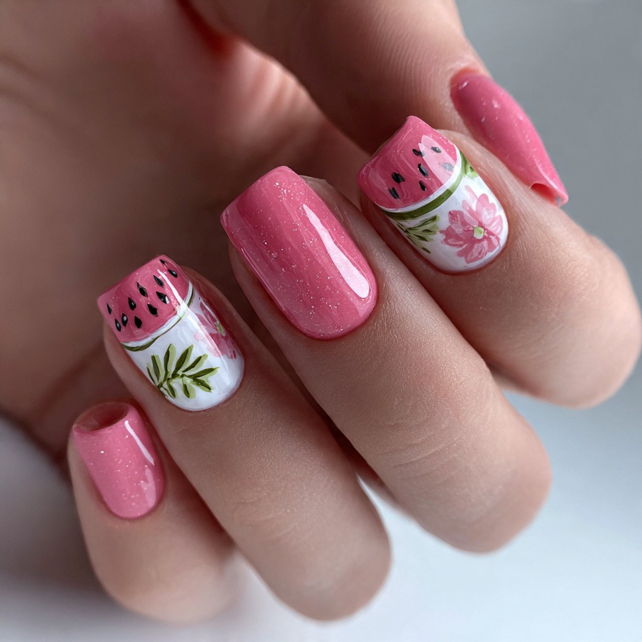 watermelon pink gel nails with minimal accent art