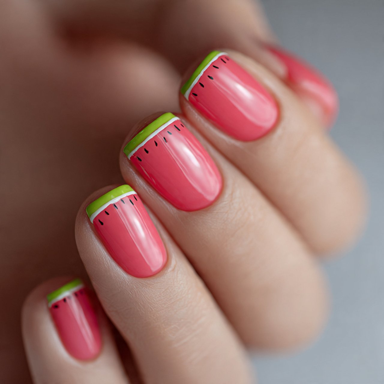 watermelon pink short nails with green accent deta