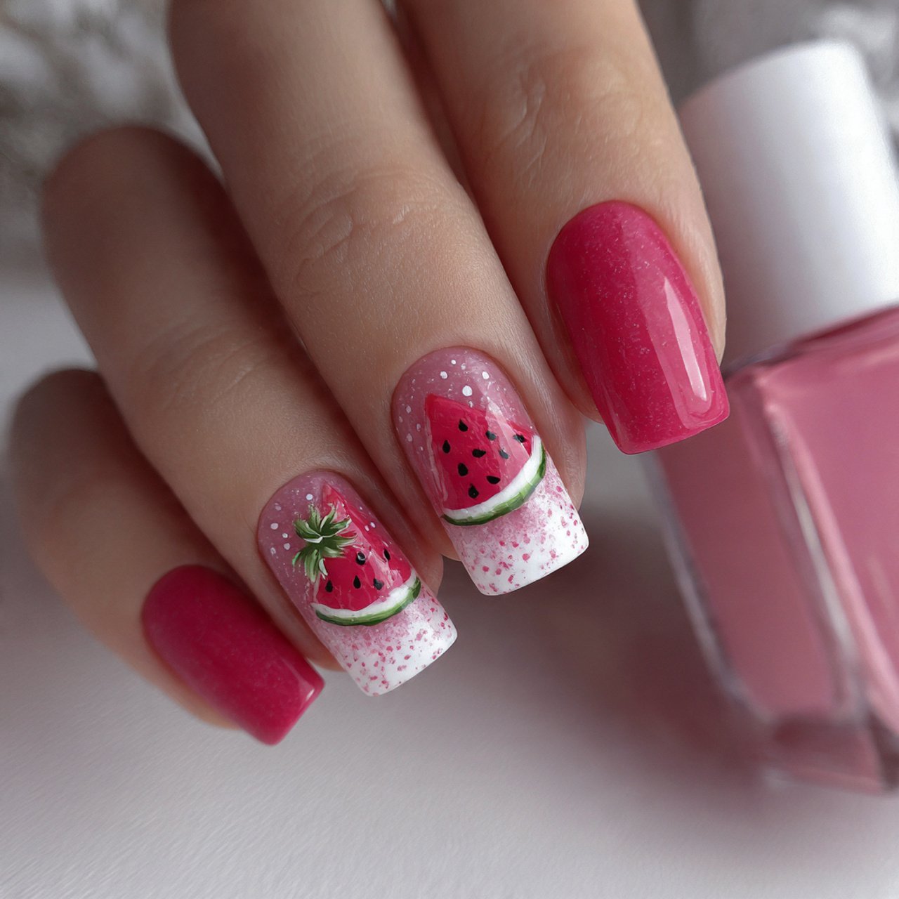 watermelon pink square nails with accent art attra