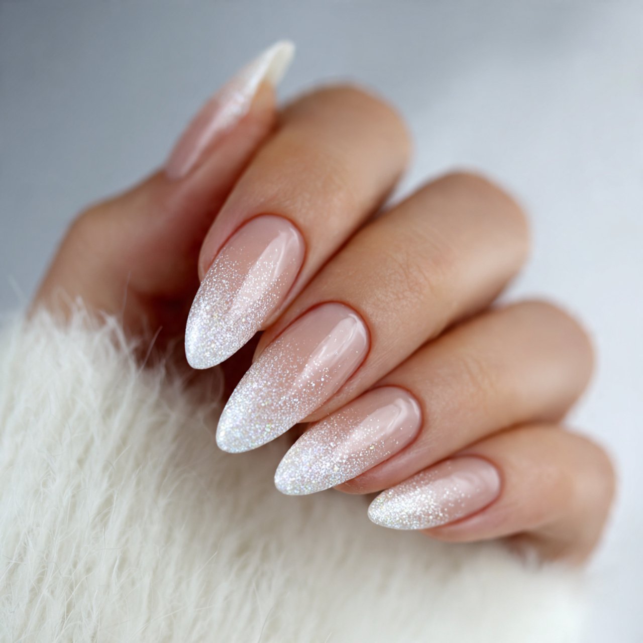 white glitter fade nails natural nails