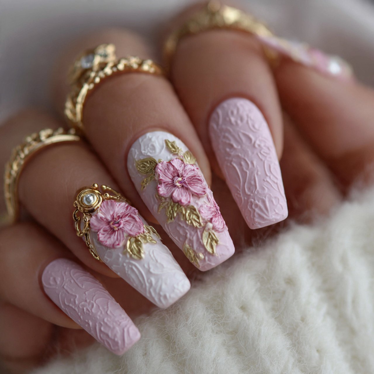 3d matte floral relief nails