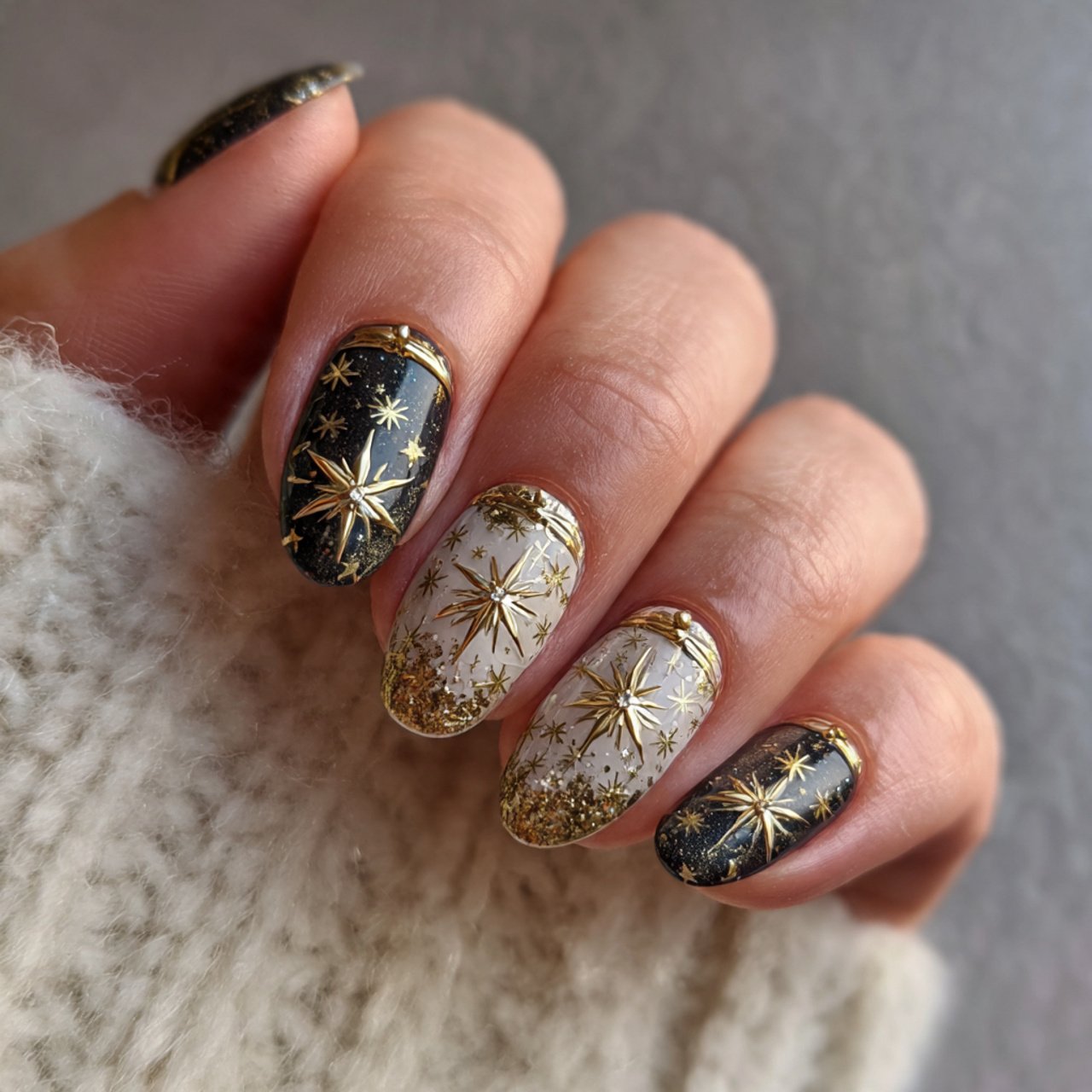 and gold star detail xmas nails