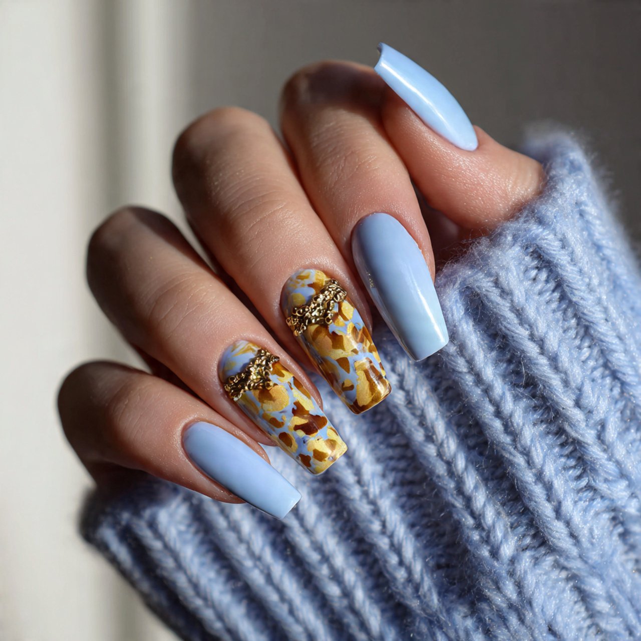 baby blue and caramel skittle nails