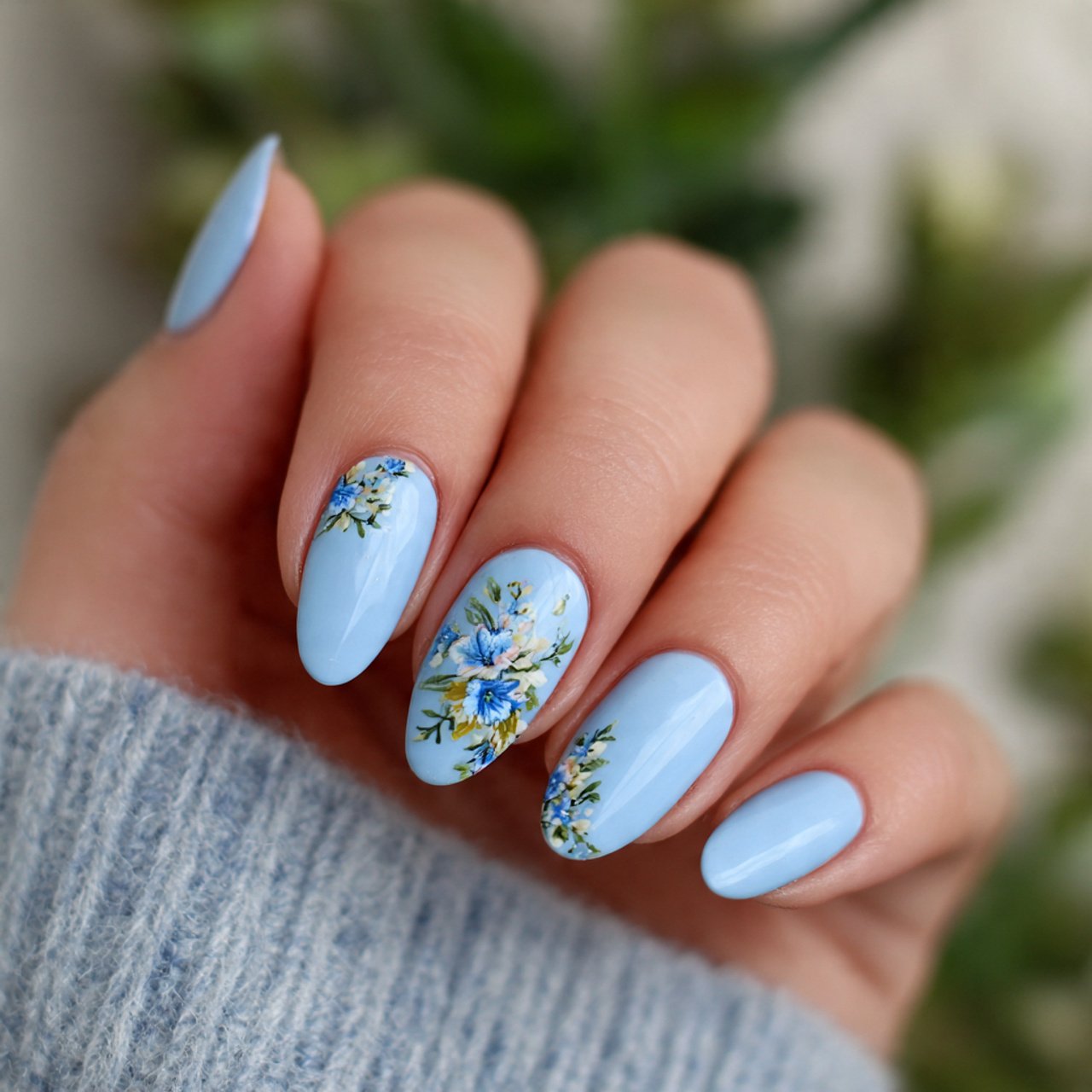 baby blue floral accent nails