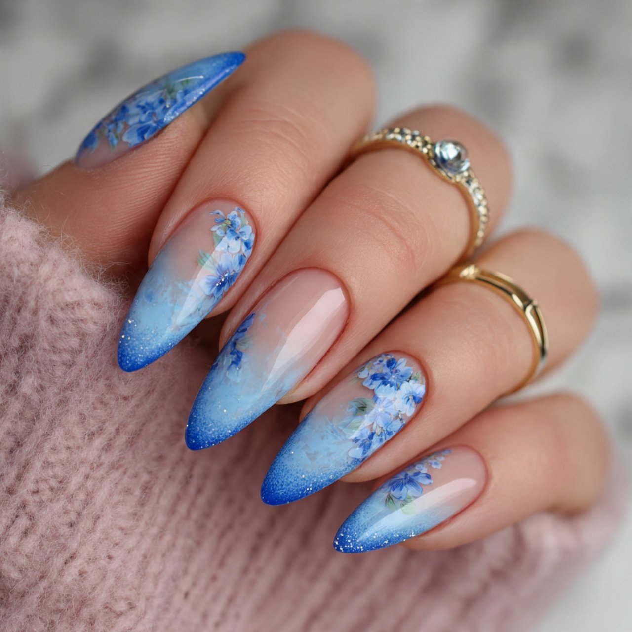 baby blue floral french fade nails