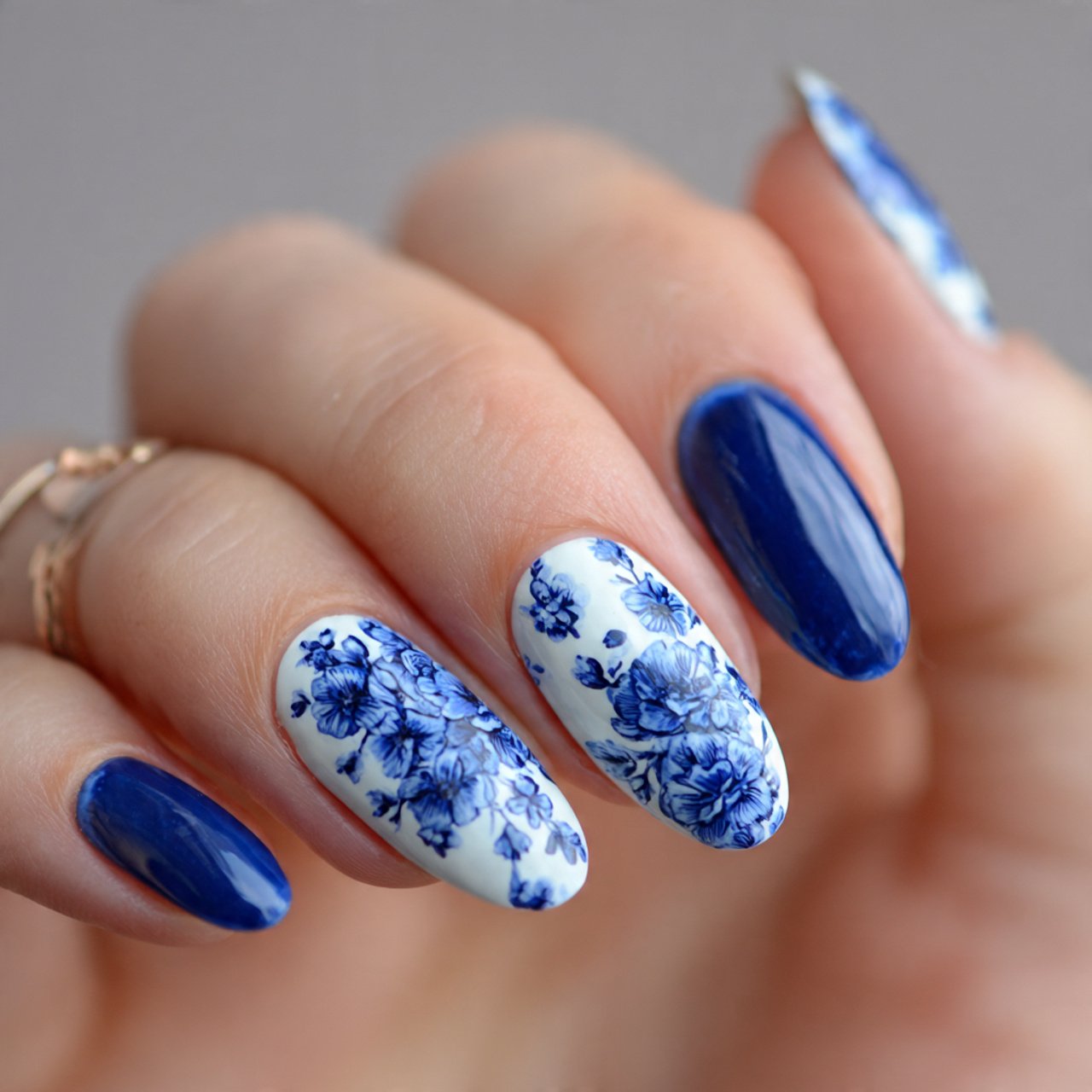 base with blue porcelain flowers nails